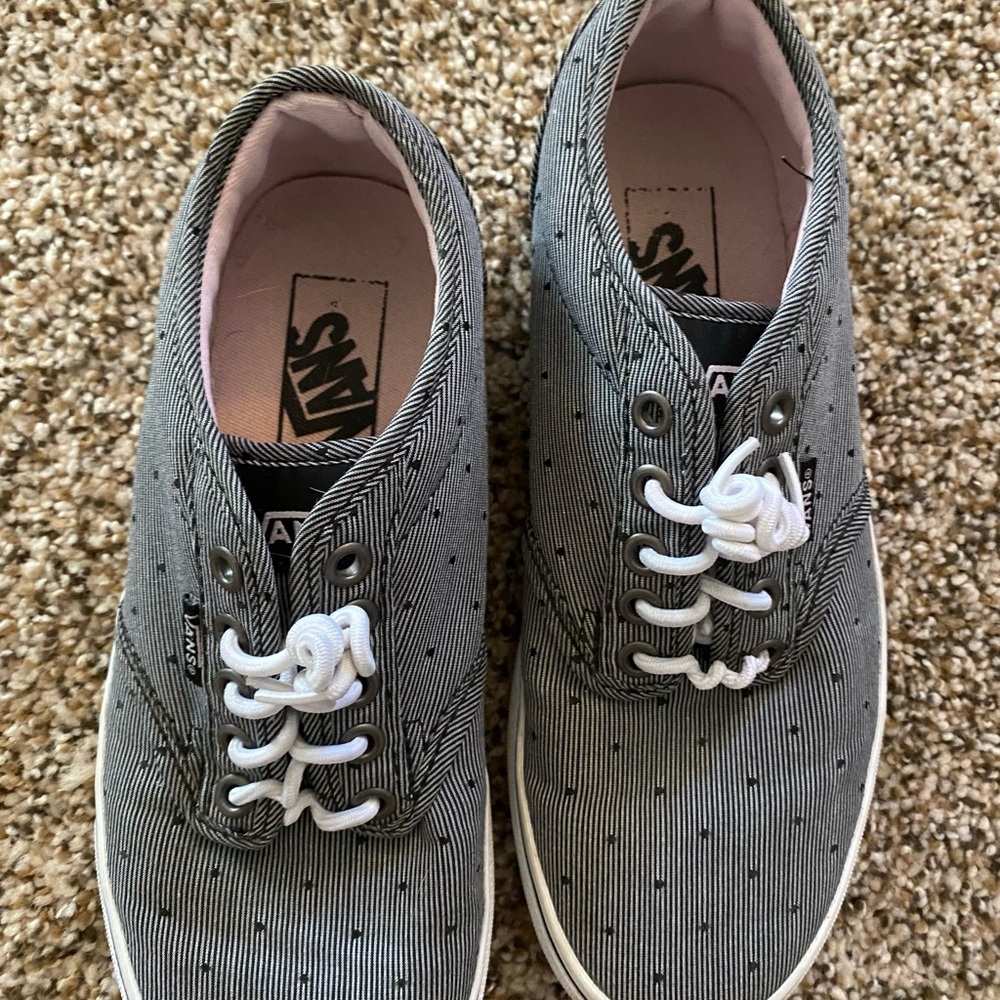 Vans size 7, gray & white pinstriped with tiny black dots, pink inside.